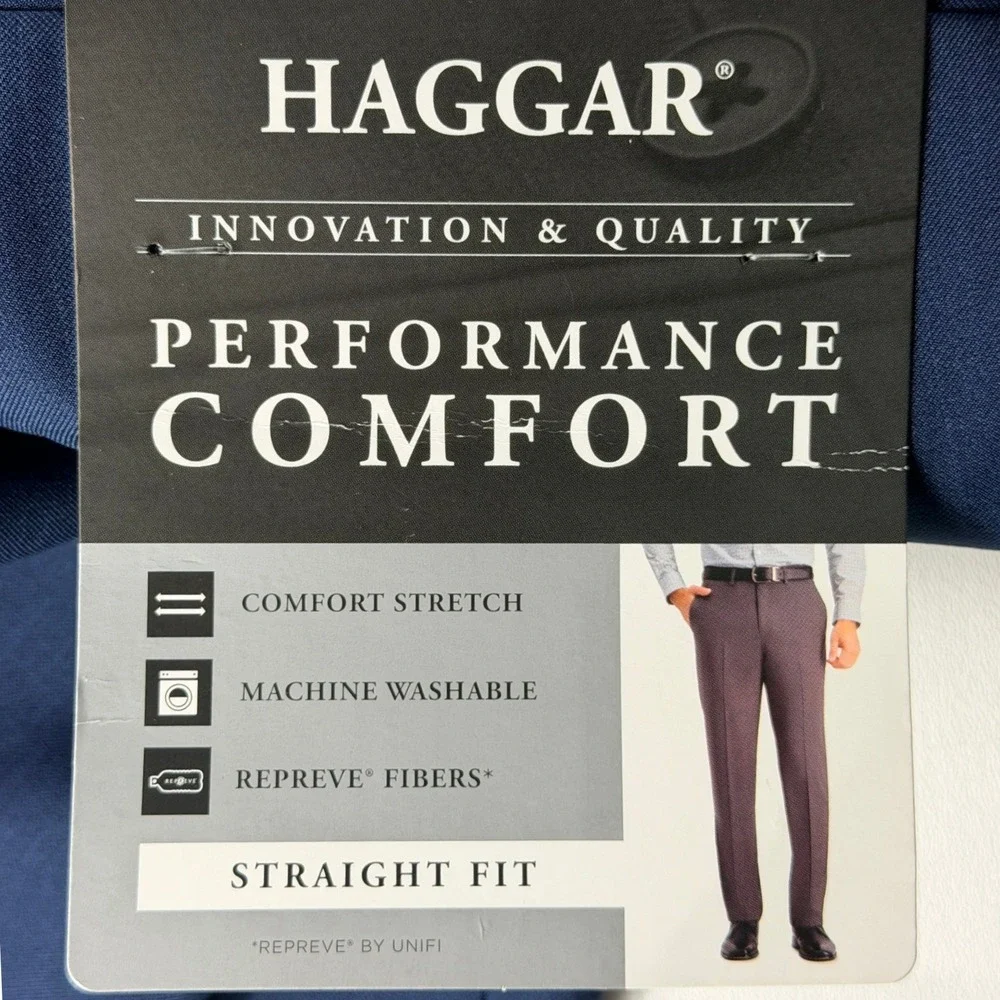 Haggar Mens Performance Comfort Straight Fit Stretch Pants Blue 40x30 NEW‎